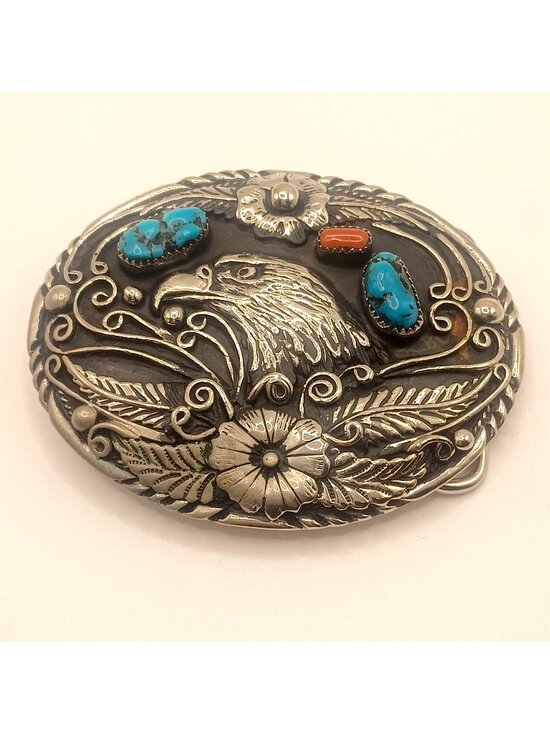 Handcrafted Other - Vintage Southwestern Turquoise Coral American Eagle Belt Buckle SSI 88 USA 120g